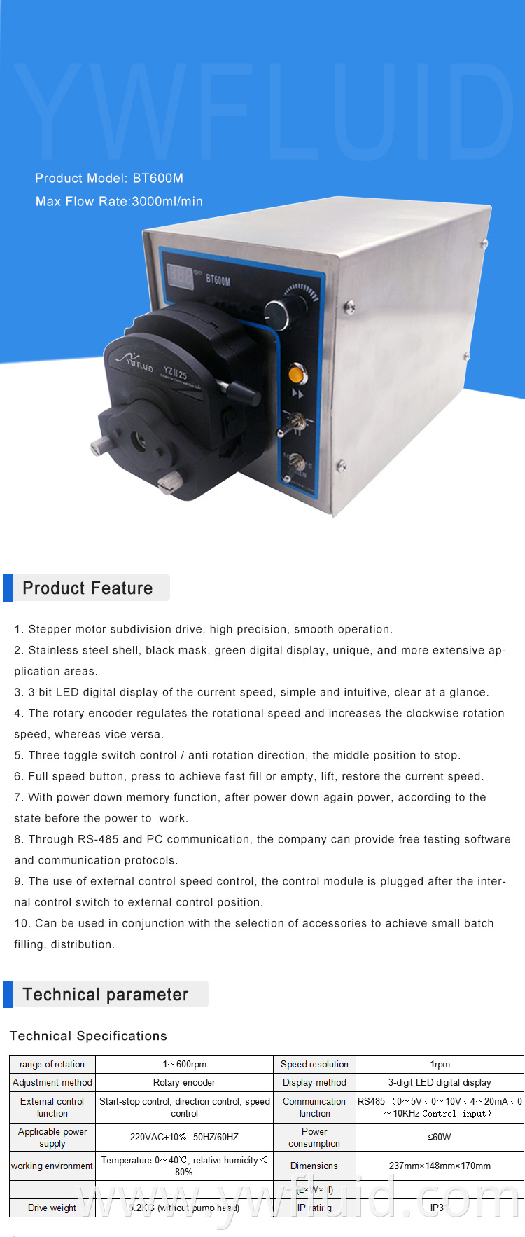 YWfluid Easy load pump head Large flow rate Liquid Dispensing peristaltic pump used for Environmental device